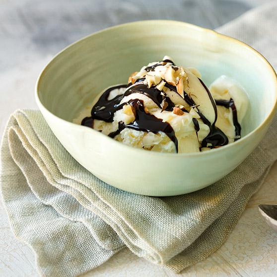 Banana ice cream with chocolate sauce