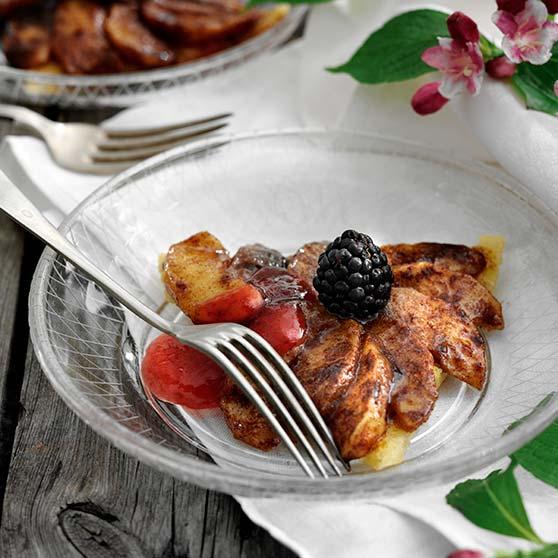 Cinnamon apples on an almond base with plum sauce