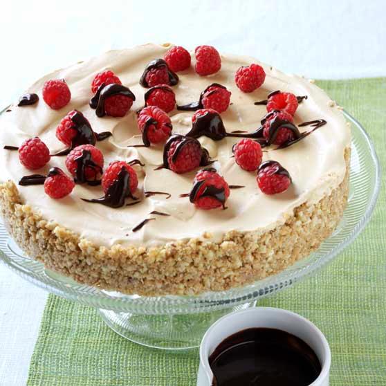 Mocha ice cream pie with berries and chocolate sauce