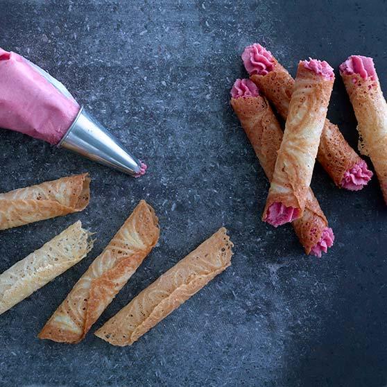 Waffle rolls with lingonberry buttercream