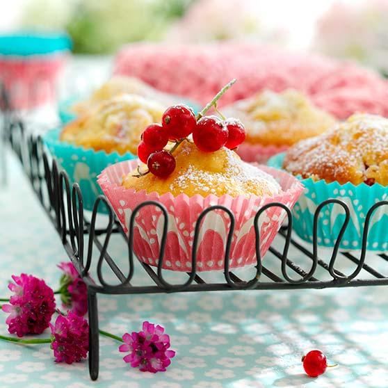 Fruit or berry muffins with marzipan