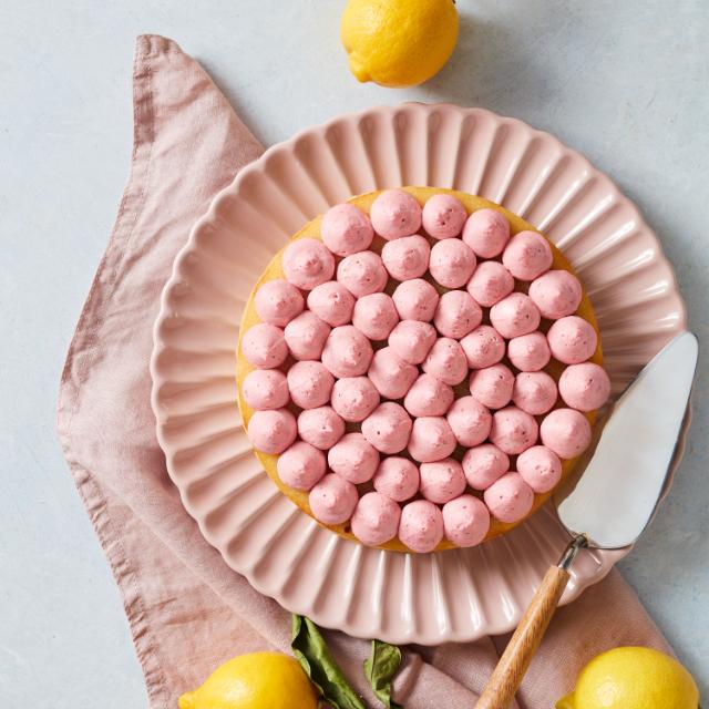 Sticky lemon cake with raspberry mousse
