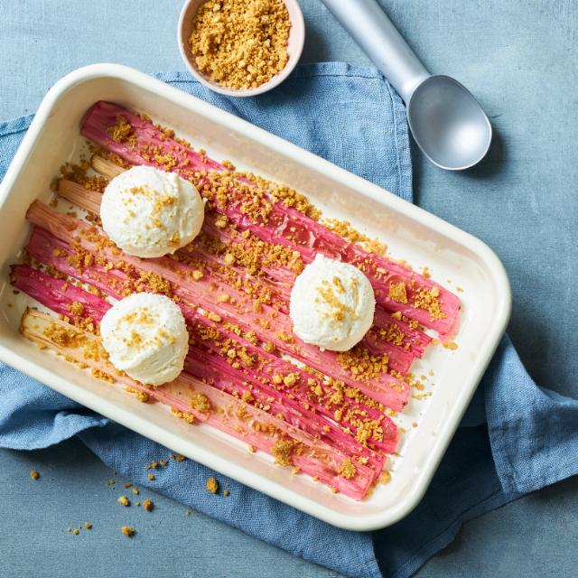 Grilled rhubarb with crumbles and ice cream