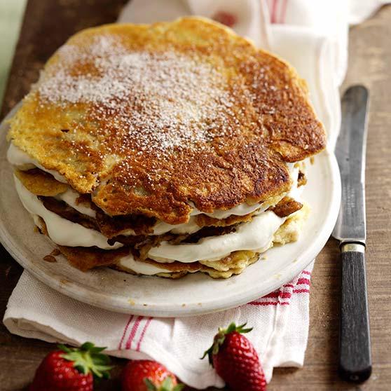 Special pancake stack with banana filling
