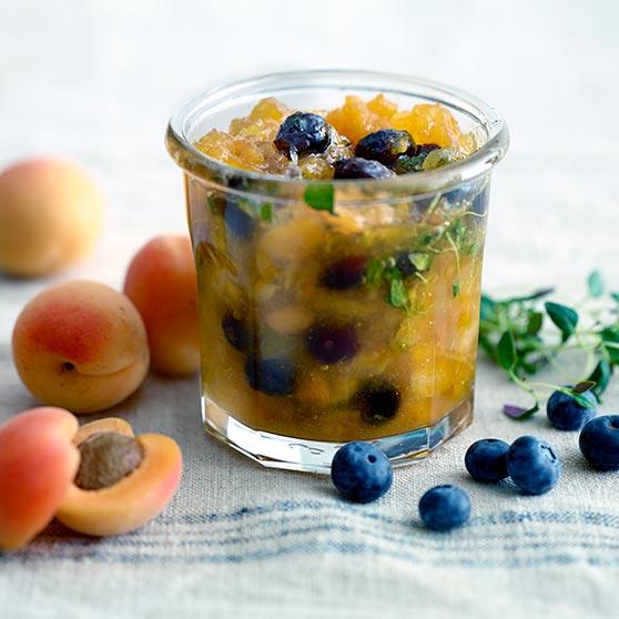 Apricot jam with blueberries and thyme